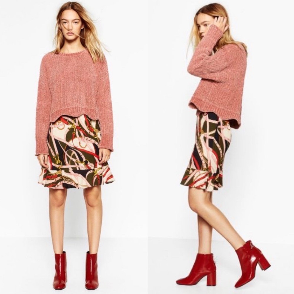Zara Knit Chenille Scalloped Hem Sweater